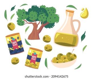 Ponga productos de oliva, árboles con bayas en ramas, aceite en jug y latas de estaño. Aceitunas y Aceite Verdes, Frutas maduras y Comida Orgánica Natural Extra Virgen, Cocina Mediterránea. Ilustración del vector de dibujos animados