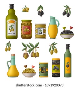 Set of olive products. Whole fruits and without stones in tins, oil in bottles and glass jugs, branches. Green and black olives