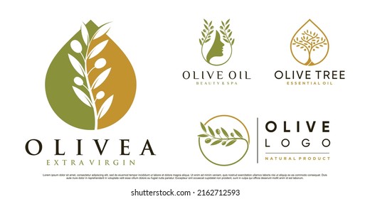 Conjunto de ilustraciones vectoriales de diseño del logo de olivo y aceite con elemento creativo Vector Premium