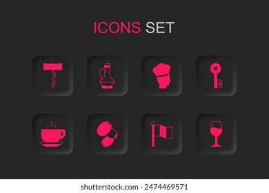 Set Olives, Bottle of olive oil, Wine corkscrew, Flag Italy, Old key, glass, Italian cook and Coffee cup icon. Vector