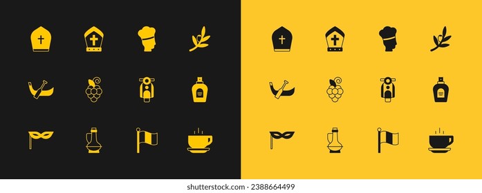 Set Olives branch, Bottle of olive oil, Scooter, Flag Italy, Grape fruit, Italian cook, Pope hat and  icon. Vector