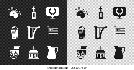 Set Olives branch, Bottle of olive oil, Laurel wreath, Ancient chariot, Santorini building, Gyros Pita Greek and Harp icon. Vector