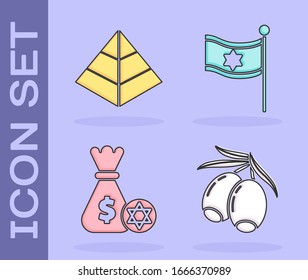 Rama de aceitunas, pirámides de Egipto, bolsa de dinero judía con estrella de David y moneda y icono de la bandera de Israel. Vector