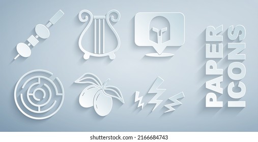 Set Olives branch, Greek helmet, Minotaur labyrinth, Zeus, Ancient lyre and and cheese on chopstick icon. Vector