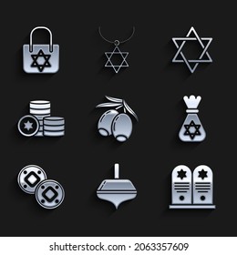 Set Olives branch, Hanukkah dreidel, Tombstone with star of david, Jewish money bag, coin, Star David and Shopping icon. Vector