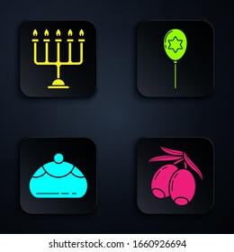 Set Olives branch, Hanukkah menorah, Jewish sweet bakery and Balloons with ribbon with star of david. Black square button. Vector