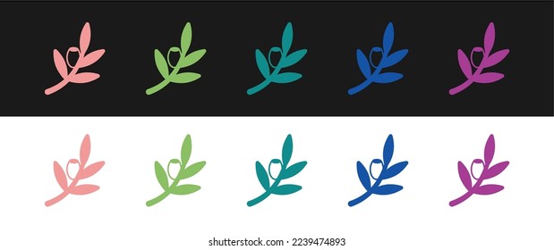 Set Olives branch icon isolated on black and white background.  Vector