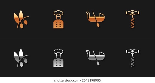 Set Olives branch, Italian cook, Gondola and Wine corkscrew icon. Vector