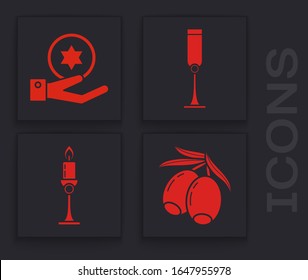 Set Olives branch, Jewish coin on hand, Jewish goblet and Burning candle in candlestick icon. Vector