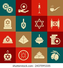 Set Olives branch, Jewish coin, Torah scroll, Burning candle candlestick, Hanukkah dreidel, Tombstone with star of david,  and Star David icon. Vector