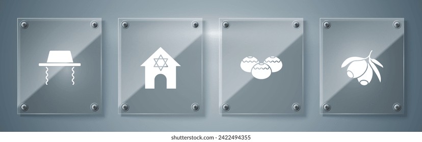 Set Olives branch, Jewish sweet bakery, synagogue and Orthodox jewish hat. Square glass panels. Vector