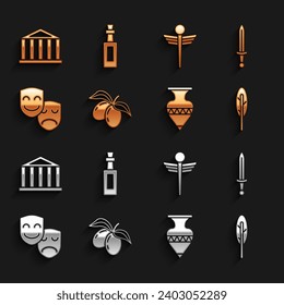 Set Olives branch, Medieval sword, Feather pen, Ancient amphorae, Comedy and tragedy masks, Caduceus snake medical, Parthenon and Bottle of olive oil icon. Vector