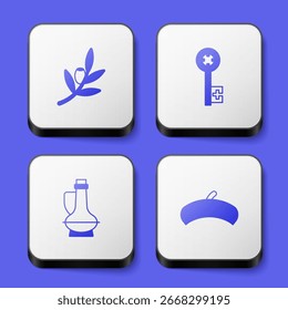 Set Olives branch, Old key, Bottle of olive oil and French beret icon. White square button. Vector