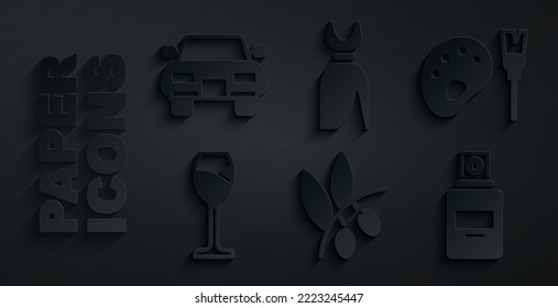Set Olives branch, Paint brush with palette, Wine glass, Perfume, Woman dress and Car icon. Vector