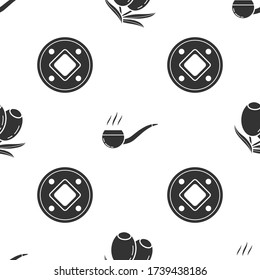 Set Olives branch, Smoking pipe with smoke and Jewish coin on seamless pattern. Vector