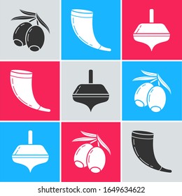 Set Olives branch, Traditional ram horn, shofar and Hanukkah dreidel icon. Vector