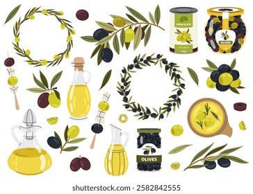 Set olives, branches and oil bottles, tinned snack. Olive berries and tree branches with leaves and wreaths on white background.