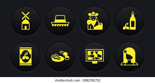 Set Olives in can, Bottle of olive oil, Churros and chocolate, Picture art, Bullfight, matador, Spanish hat, woman and Windmill icon. Vector