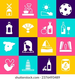 Set Olives in can, Gate of Europe, Wine bottle with glass, Beach, Fan flamenco, Orujo, Windmill and Apple cider icon. Vector