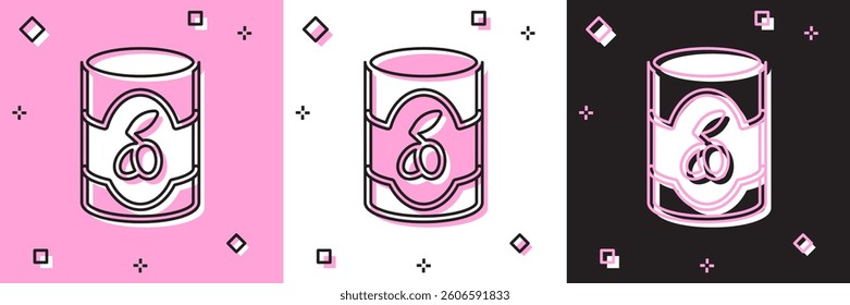 Set Olives in can icon isolated on pink and white, black background. Concept of canned food.  Vector