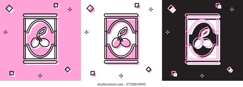 Conjunto de aceitunas en icono de lata aislado en rosa y blanco, fondo negro. Concepto de comida enlatada.  Vector