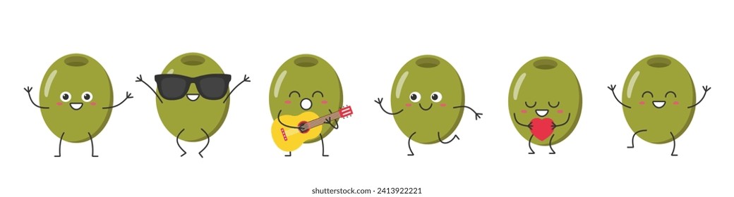 Set olives cute character cartoon greeting jumping loves sings running smiling face happy joy emotions vector illustration.