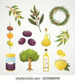 Set olives fruit. Olive oil bottle, branch, tree and rosemary wreath vector illustration in cartoon style.