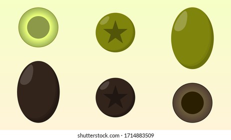 Set of olives. Isolated icons. Halved black and green seedless olives. Vector illustration.