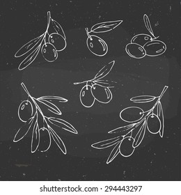 set of olives and olive branches on a chalkboard, black and white vector