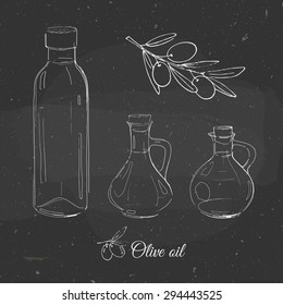 set of olives and olive branches on a chalkboard, black and white vector