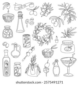 set of olives, olive oil, olive branches, black outline. Branches with berries, bottles of oil, drinks with snacks, a ribbon with an inscription. Isolated objects highlighted on a white background