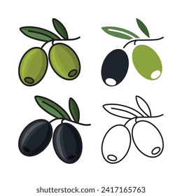 Set of olives. Olives on a branch with leaves. Olives and olives are healthy and delicious foods. Vector illustration isolated on a white background for design and web.