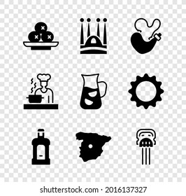 Set Olives on plate, Sagrada Familia, Spanish wineskin, Orujo, Map of Spain, Peineta, cook and Sangria icon. Vector