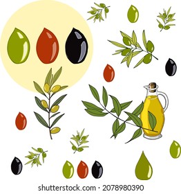 Set with olives on white background, green olives with leaves.