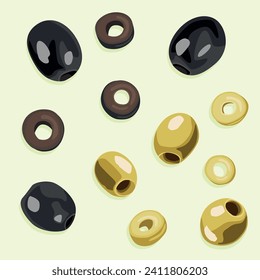 A set of olives, pitted and cut into circles. Vector image.