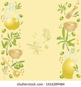Set of olives.  Separate olives and twigs with leaves.  Added bottles of olive oil, wooden utensils and oil drops. For cards, menu, textile and decoration