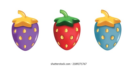 Set olorful Strawberry summer fruit. 3d vector icon set