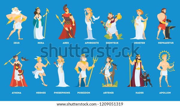 Set of Olympian\
greek gods and goddess. Hermes and Artemis, Poseidon and Demeter.\
Vector flat illustration