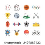 Set of Olympic, exercise and sport line icons in minimal and simple style. Soccer, volleyball, baseball, basketball, bowling, table tennis, golf, archery, weightlifting, fencing, bicycle, medal.