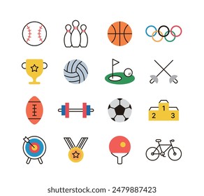 Set of Olympic, exercise and sport line icons in minimal and simple style. Soccer, volleyball, baseball, basketball, bowling, table tennis, golf, archery, weightlifting, fencing, bicycle, medal.