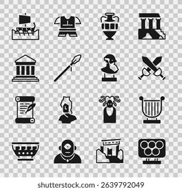 Set Olympic rings, Ancient lyre, Crossed medieval sword, amphorae, Medieval spear, Parthenon, Greek trireme and bust sculpture icon. Vector