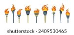 Set of olympic torches with burning fire. Flat style vector illustration 