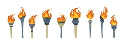 Set Of Olympic Torches With Burning Fire. Flat Style Vector Illustration 
