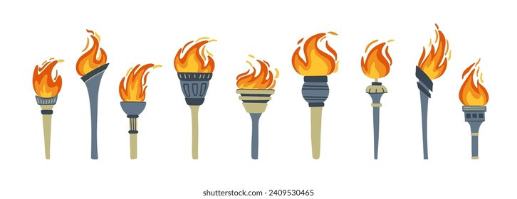Un conjunto de antorchas olímpicas con fuego en llamas. Ilustración vectorial de estilo plano 