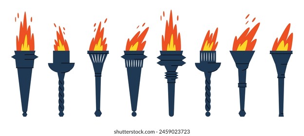 Set of Olympus torches with fire on white background. Symbols of relay race, competition victory.