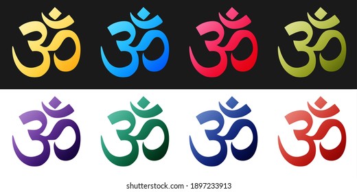 Set Om or Aum Indian sacred sound icon isolated on black and white background. The symbol of the divine triad of Brahma, Vishnu and Shiva. Vector.