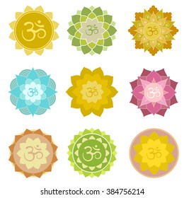 Set of om symbols isolated. Perfect for yoga and meditation practice logo, label, invitations and more. Indian spiritual symbols in abstract lotus flowers