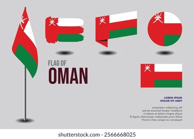 Set of Oman flag in 5 designs: flag on pole, brush stroke, skew, round and standard. vector, flat, isolated on grey background