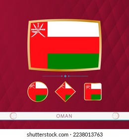 Set of Oman flags with gold frame for use at sporting events on a burgundy abstract background. Vector collection of flags.