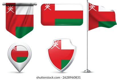 Conjunto de banderas omaníes en diferentes Formas y estilos